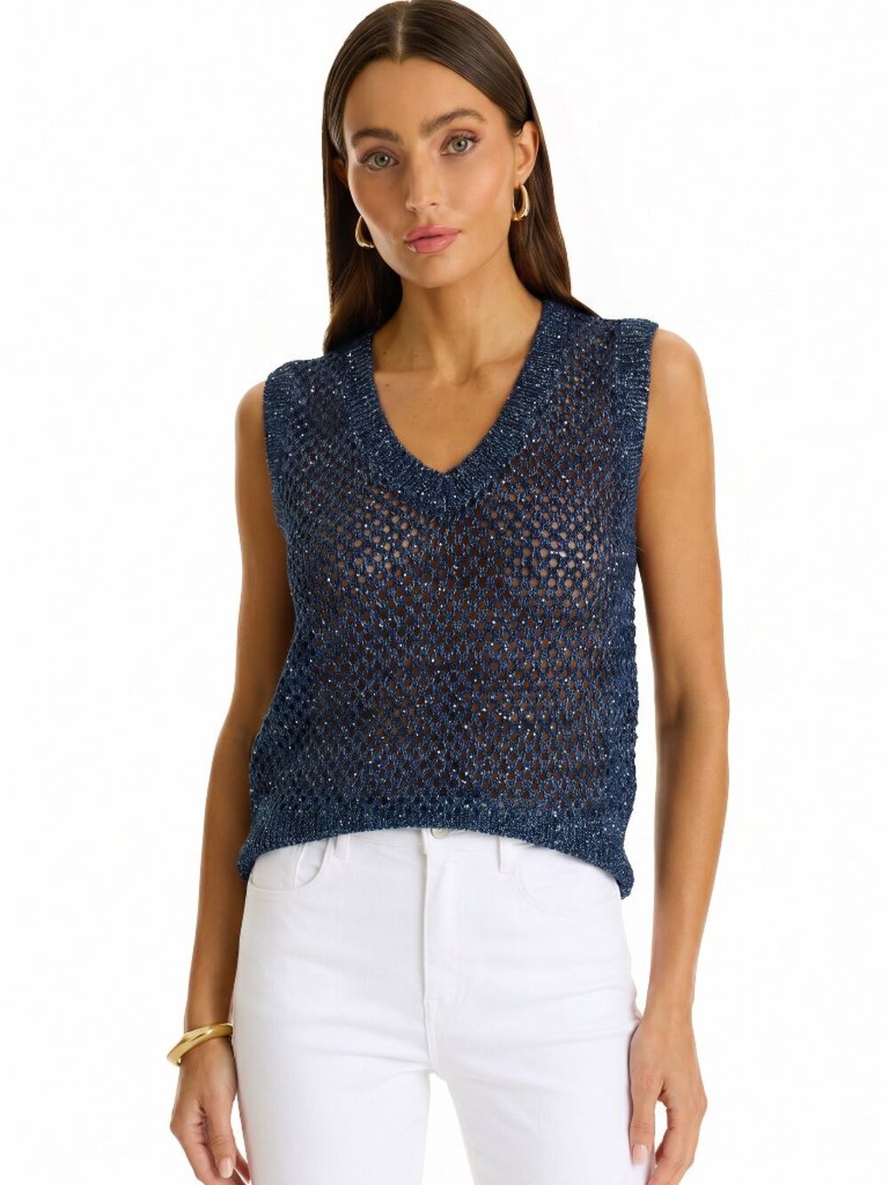 THE NOLI SHOP Addison Sequin Crochet Top Navy, New with tag